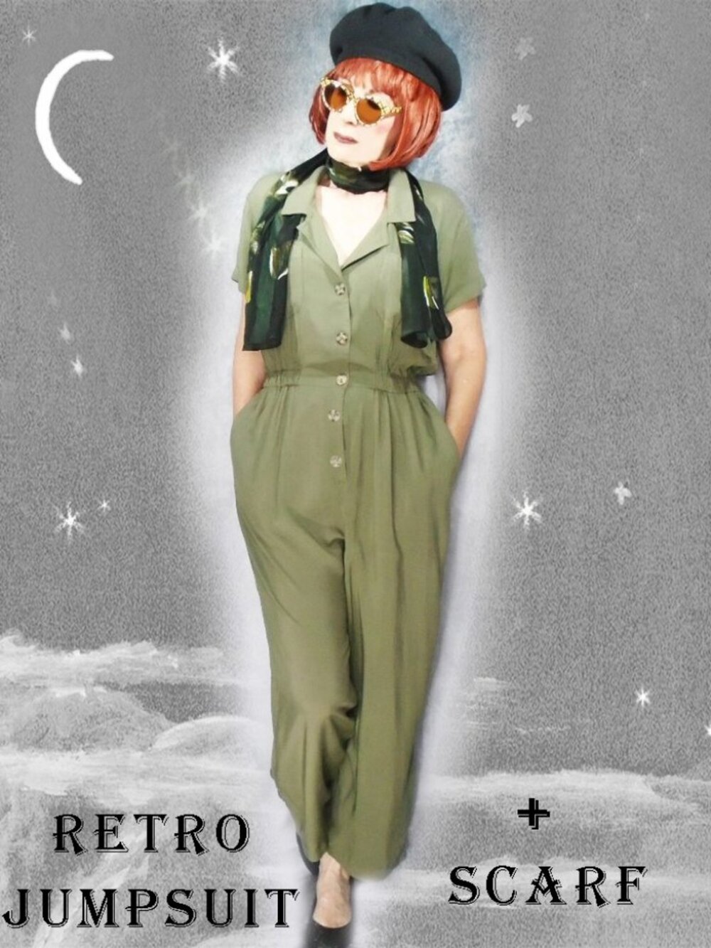 40s Style Rayon Jumpsuit PLUS Silk Scarf - French Existentialist